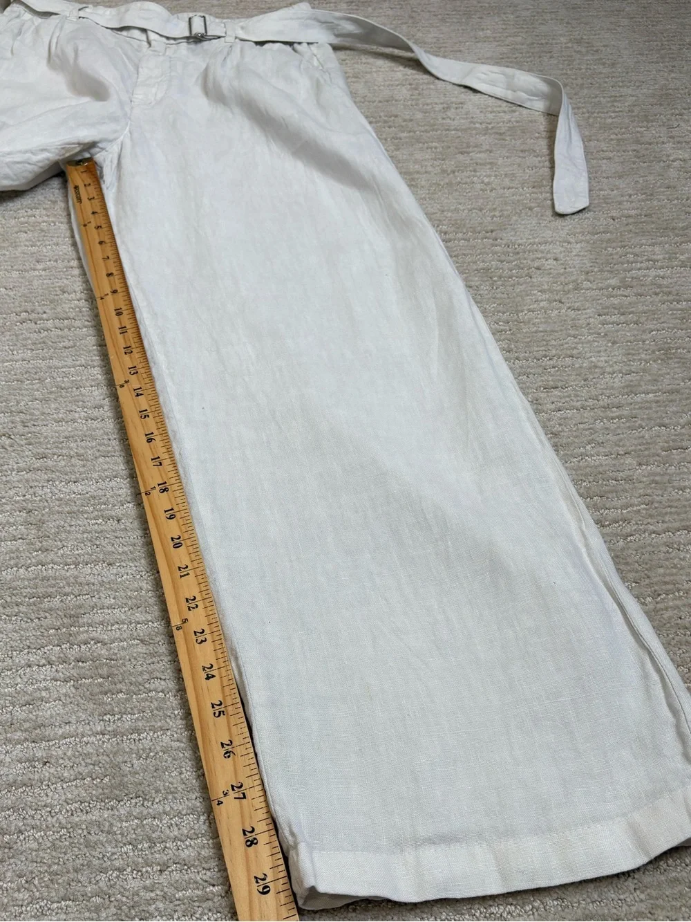 Zara 100% Linen Trouser Pant Womens Size 32 Natural Ecru Belted Wide Leg Pockets